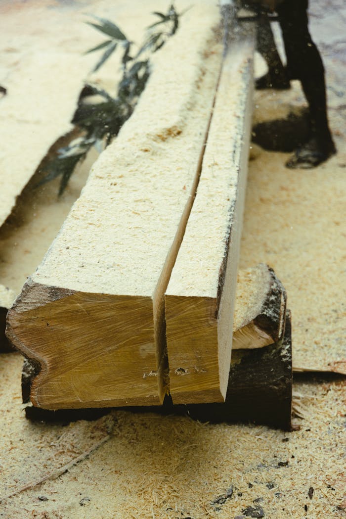services-01 Freshly cut wooden logs with sawdust, highlighting woodworking craftsmanship and timber processing.