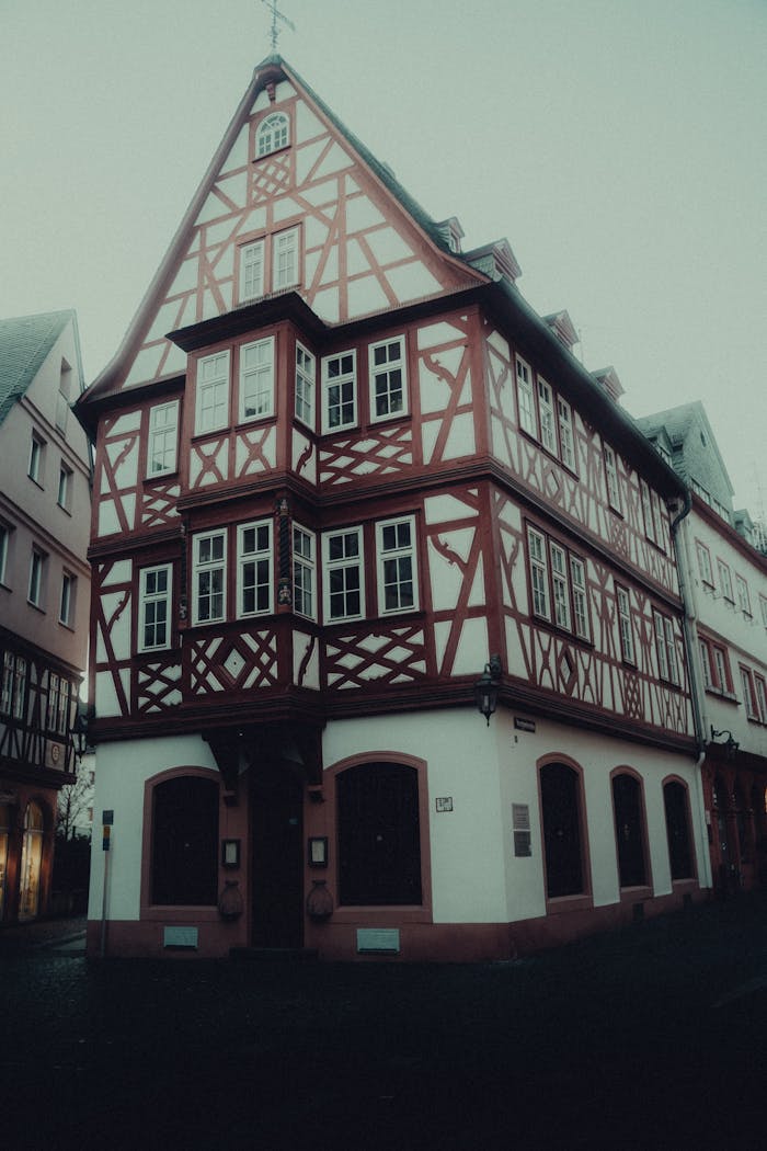 Charming half-timbered house in historic Mainz, Germany, showcasing classic architecture.